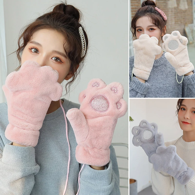 

1Pair Women Girls Warmer Gloves Cute Cat Kitten Paw Claw Winter Warm Gloves Soft Anime Cosplay Plush for Halloween Accessories