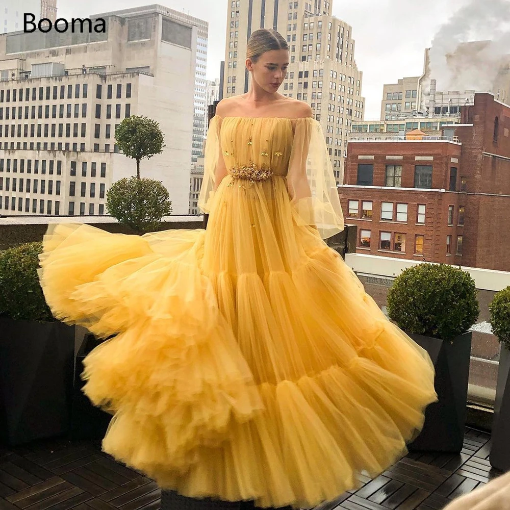 

Booma Yellow Off the Shoulder Prom Dresses Long Sleeves Tiered Tulle Long Evening Dresses Waist Beaded A-Line Formal Party Gowns