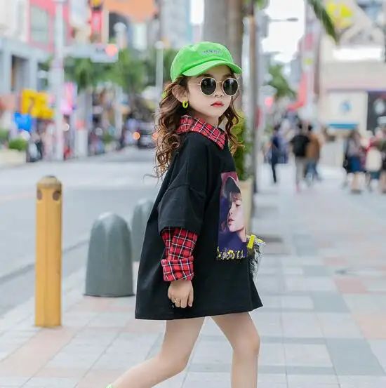 

Cultiseed Girl Fake 2pc Long Sleeve T-Shirt Tees 2020 Autumn New Cartoon Girl Print Patchwork Plaid T-shirt Tops Kids Casual Top