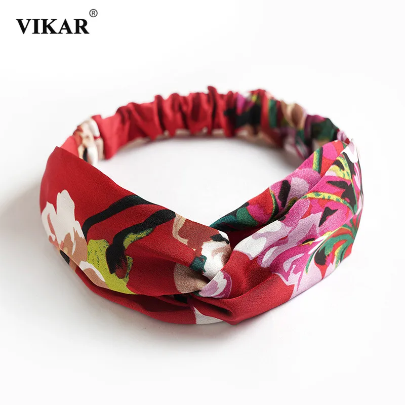VIKAR Women Satin Geranium Print Headband Hair Accessories Elastic Band Bandanas Hairbands Headwrap Sweet Knotted Headwear |