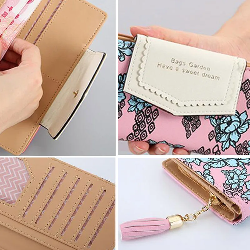 

Tassel Zipper Clutch Wallets Women Floral Hasp Purse Ladies Long Wallet Phone Bag Credit Card Photo Holder Change Coin Purse
