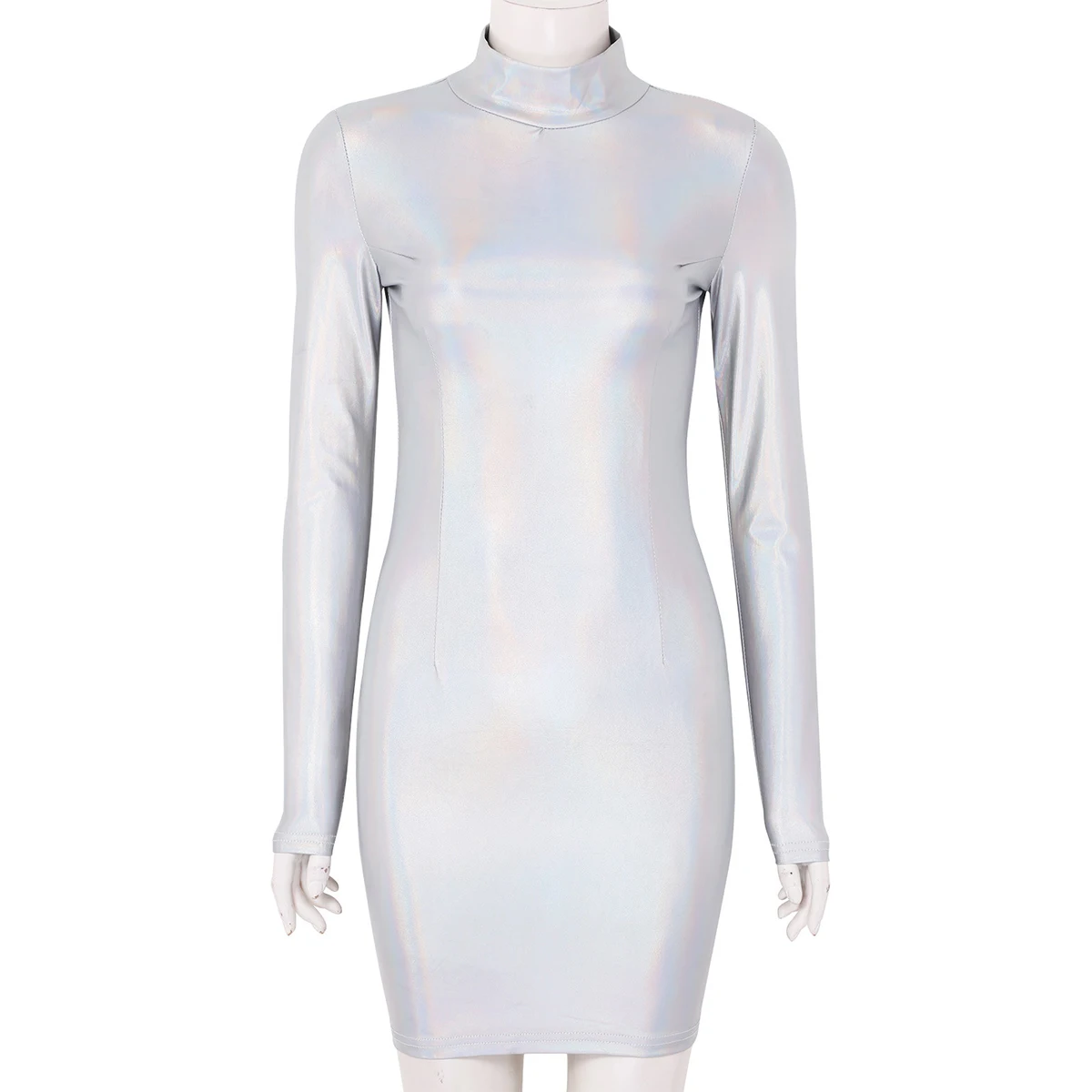 Women Shiny Metallic Holographic Long Sleeves Bodycon Sexy Mini Dress Nightclub Party Clubwear Festival Rave Pole Dance Costume |