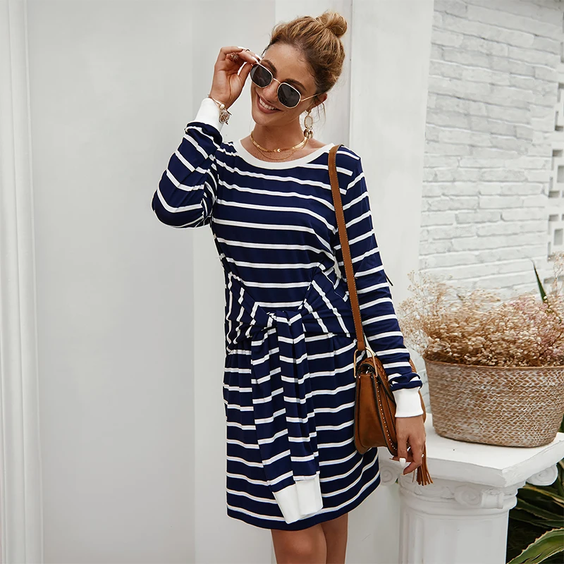 

Slim Fit Fake Sleeve Bandage Stripe Long Sleeve O Neck Dress Women Casual Streetwear Daily Life Ladies Mini Dresses