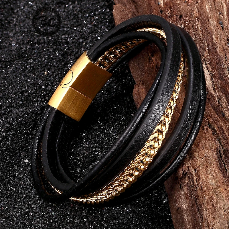 Модные многослойные кожаные браслеты с цепочкой из нержавеющей стали мужской