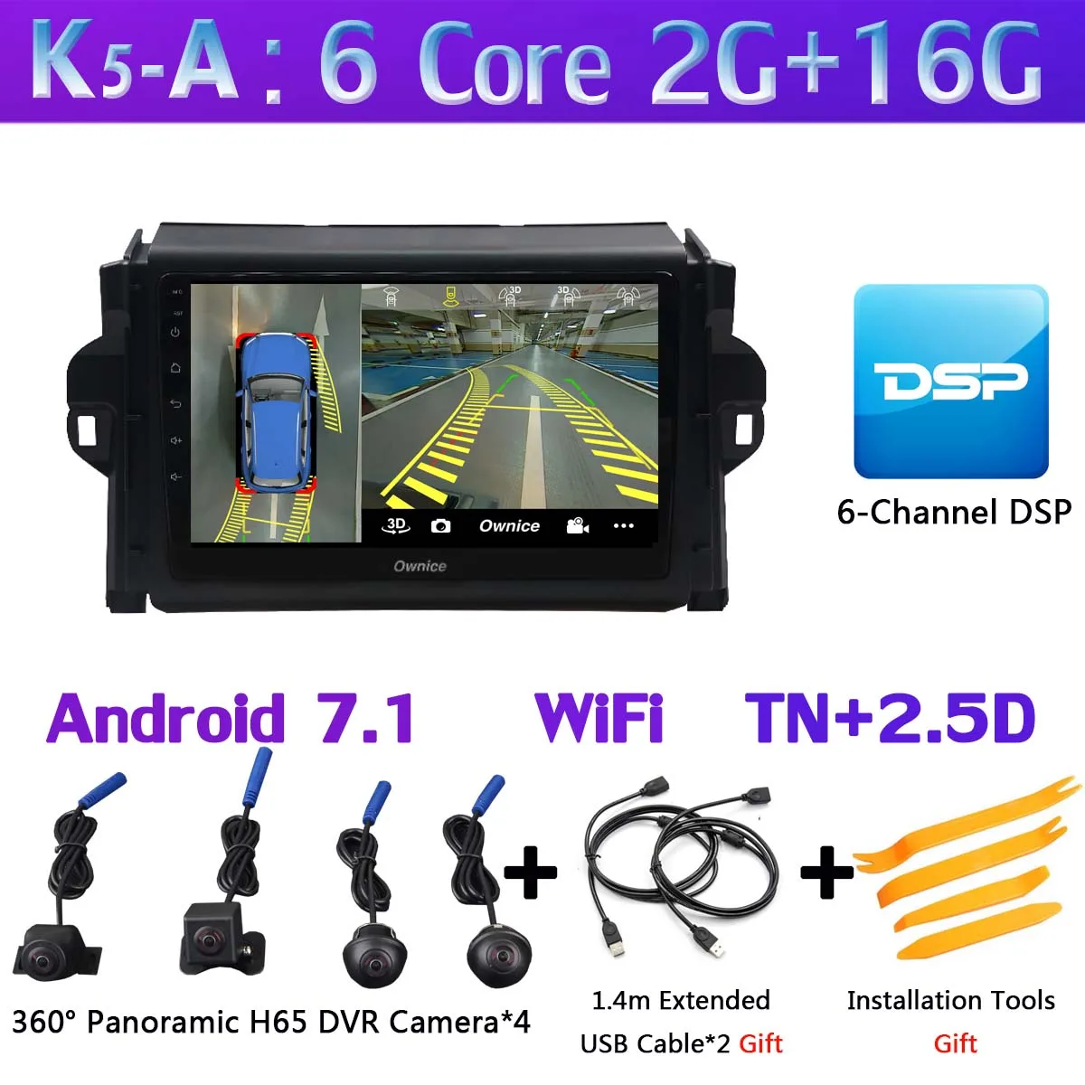 K5-A Панорамная камера на 360 ° Android 9,0 4G+ 64G SPDIF DSP CarPlay Автомобильный плеер для Toyota Fortuner gps радио головное устройство - Цвет: K5-A