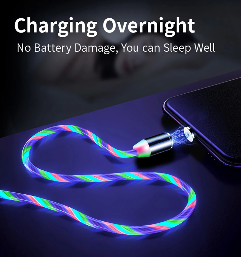 Магнитный зарядный кабель Micro USB Type-C со светодиодной подсветкой для iphone Samsung Huawei