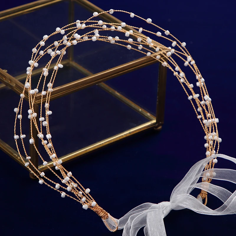 Золотые мягкие повязки для волос ручной работы невесты многослойные на голову