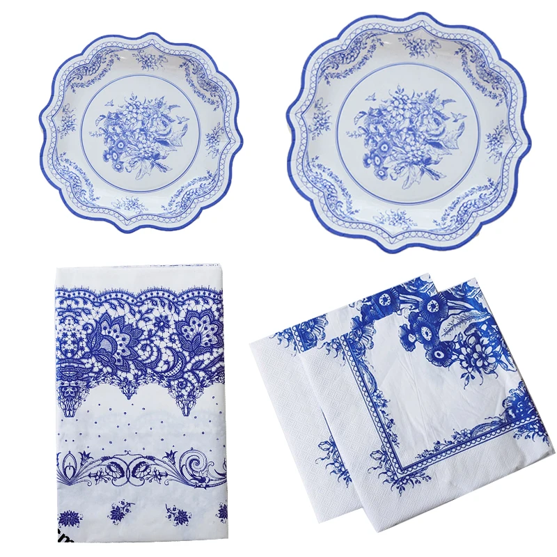 37 шт Классическая одноразовая посуда набор синяя и белая бумага имитирующая