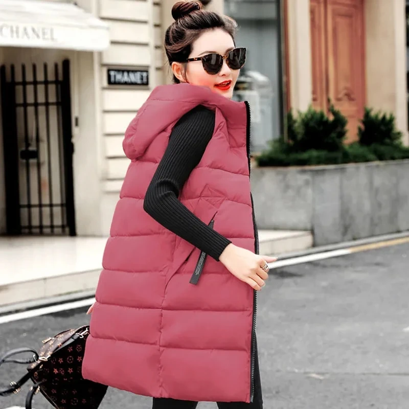 2022 Winter Women's jacket Windproof Warm Long Cotton Waistcoat Casual Sleeveless hooded femme coat vest women Oversize parkas