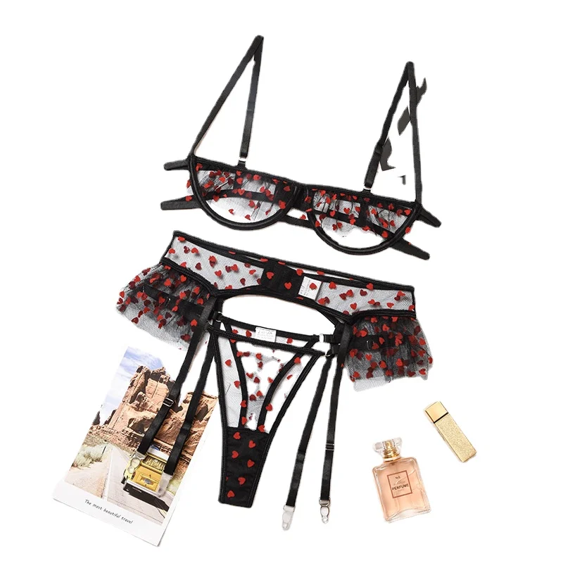 

Lace Hollow Sexy Bra and Panties Set Girl Heart Underwear Suit Contrast Sequin Mesh Garter Lingerie Set Underwear Women Set