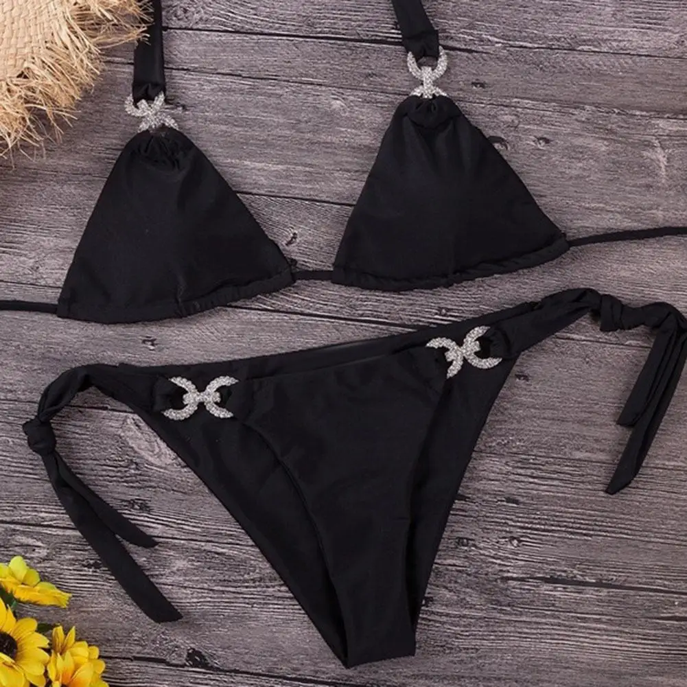 

2Pcs Solid Color Women Halter Bandage Bikini Set Rhinestone Link Circle Bikinis Set Swimming Bathing Suit Beachwear