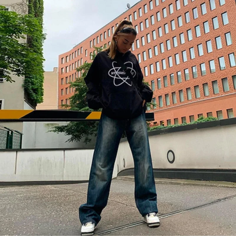 

American Y2K Hooded Loose Casual Harajuku Women Thicken Striped Dark Wind Printed Sweater Plus Velvet Warm Top Women oversize