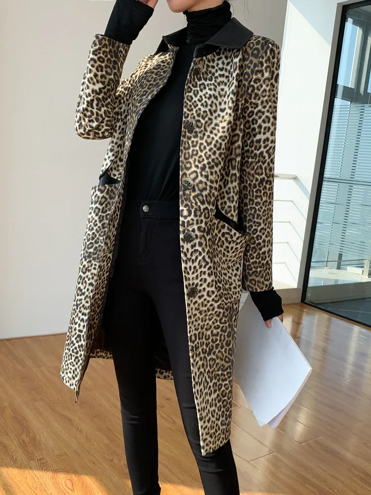 Real 2020 Jacket New Women Genuine Cow Leather Coat Long Leopard Windbreaker Spring Fall Cowhide Luxury Jackets KJ5525 | Женская одежда
