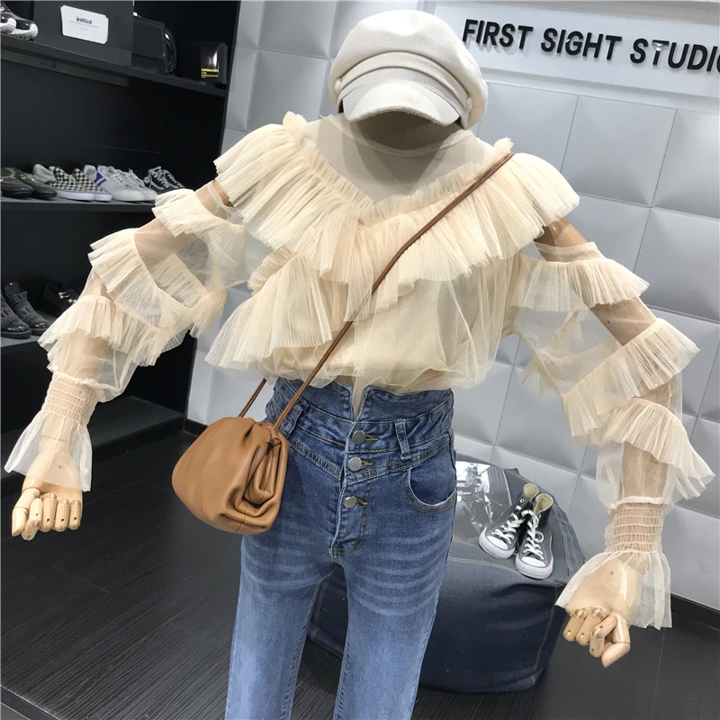 ALPHALMODA с длинным рукавом перспектива сексуальные женские осенние блузки с v-образным воротником гофрированные рукава Дамская мода шифоновый наряд рубашка