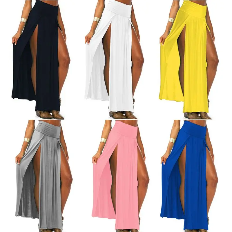 Женская трикотажная длинная юбка макси с высокой талией и разрезом спереди