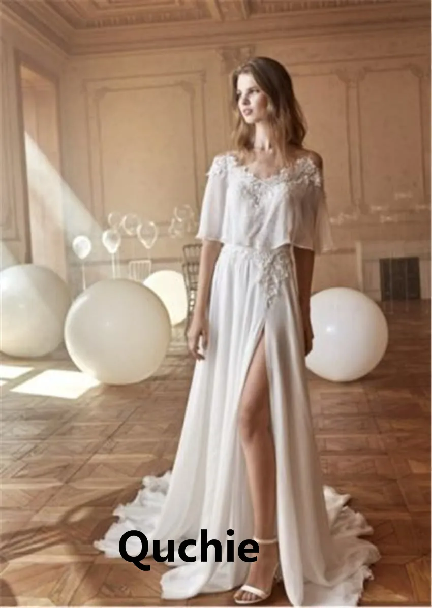 

Chiffon Wedding Dress High Slit Cap Sleeves Ruffle Bodice Dubai Arabic Abiti Da Sposa Bridal Dress Beach Vestido de Noiva