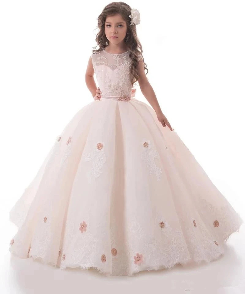 

Light Blush Pink Flower Girl Dresses For Weddings Lace Applique Kids Ball Gown Girl Sweep Train First Communion Dress