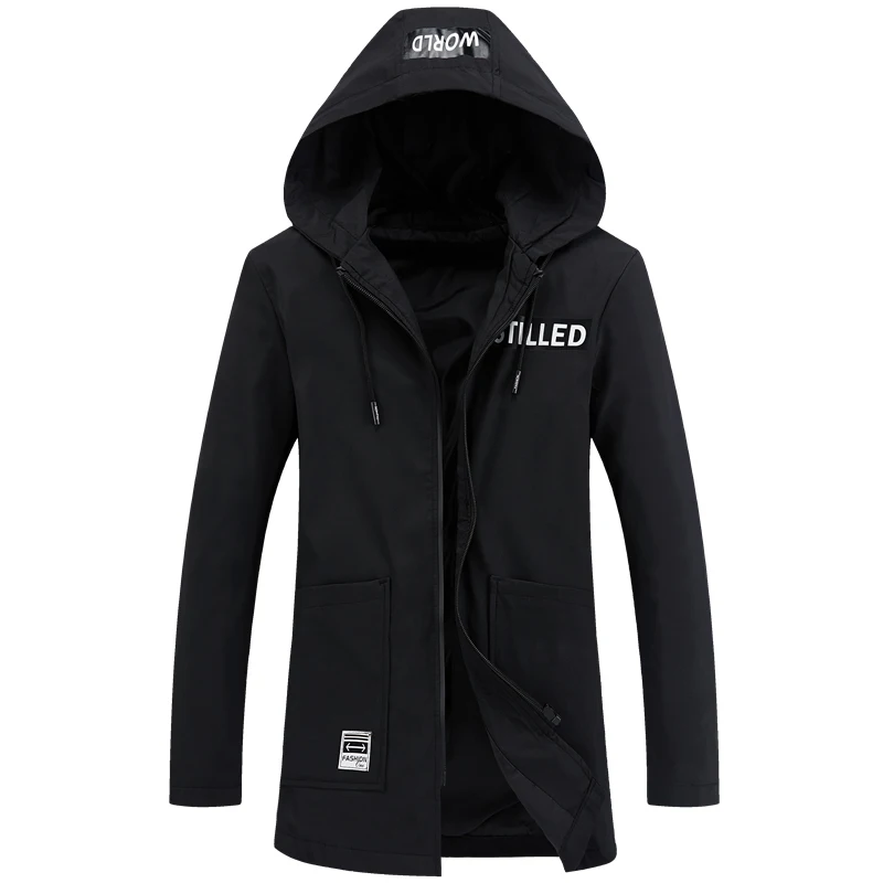 Ветровка мужская с капюшоном длинная однотонная карманами | Мужская одежда