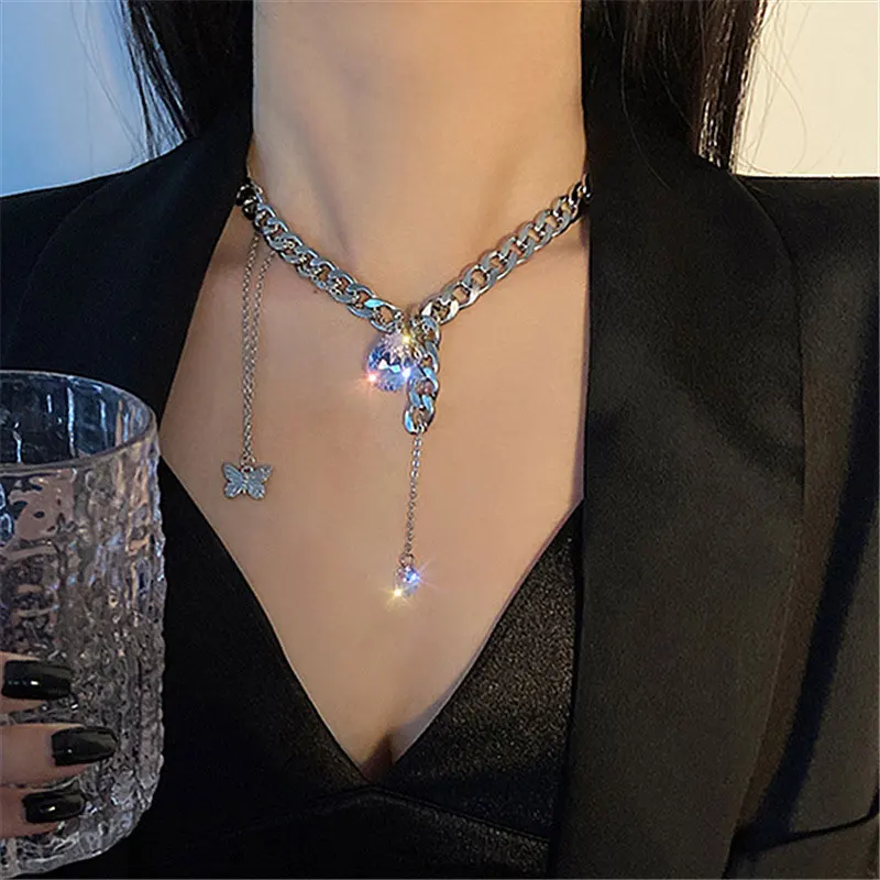 

xiaoboACC Butterfly Necklace for Women 2021New Fashion Punk Grunge Water Drop Zircon Tassel Thickneck Chain