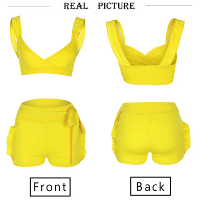 

Two Piece Set Summer Women Deep V-neck Crop Top High Waist Shorts 2pcs Ruffles Outfits Ladies Sexy Slim Matching Clothes sets