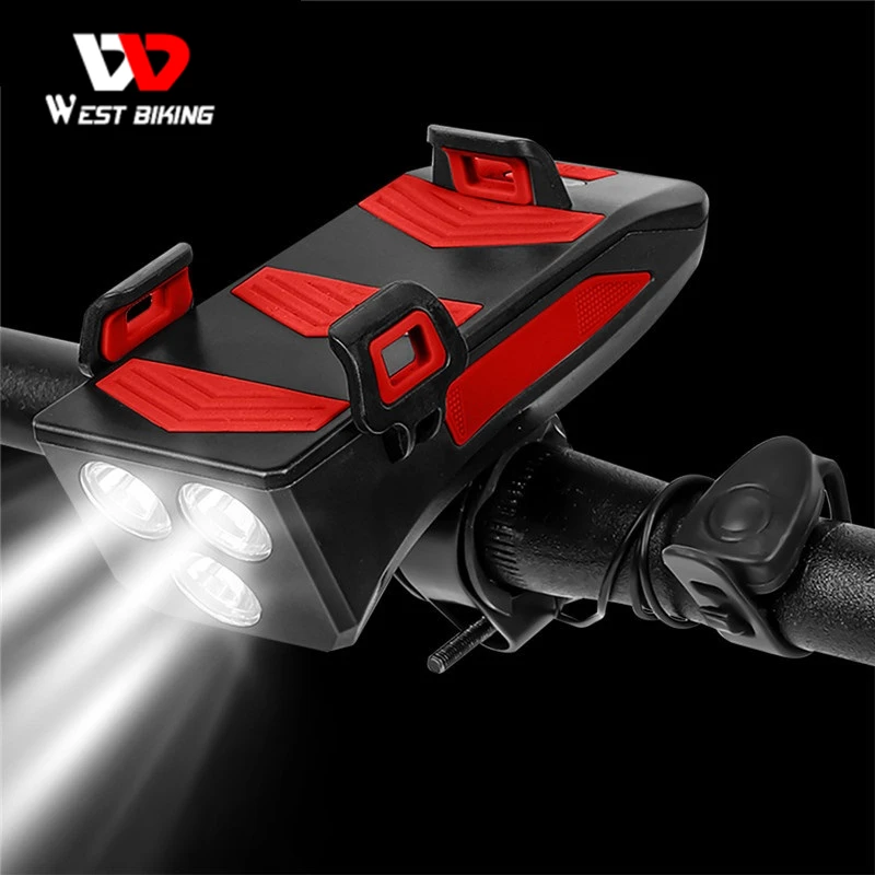 

WEST BIKING 400 lumen Bike Light USB Charging Phone Holder Bicycle Light Power Bank Bell 4 In 1 Bicycle Front Light Waterproof