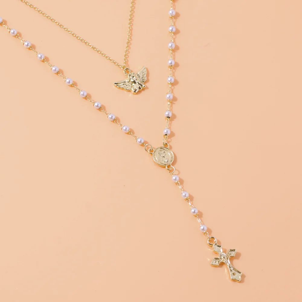 

Fashion Pearl Angel Coin Cross Necklaces Gold Color Personality Punk Multilayer Alloy Necklace for Women Vintage Female Jewelry