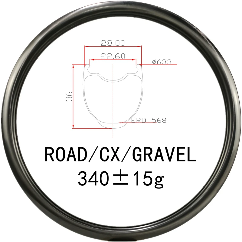 

340±15g 700C 28mm Width 36mm Depth Keel Reinforcement Road/CX/Gravel Carbon Rim Tubeless Clincher