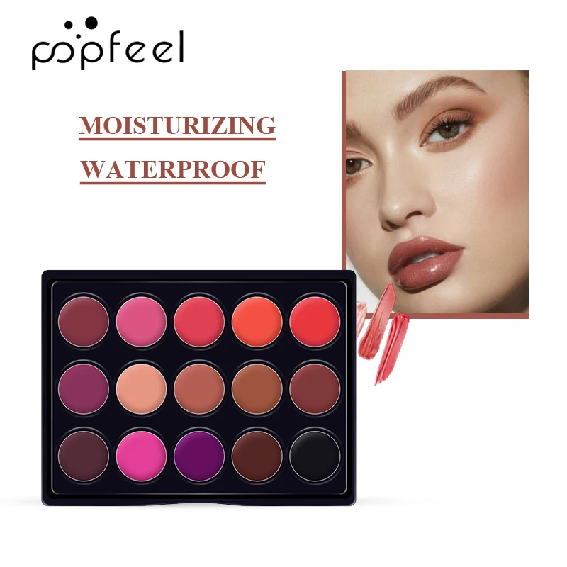 POPFEEL 15 цветов длительная Бархатная палитра блеска для губ матовая губная помада макияж набор кисть для губ антипригарная чашка Губная помада Косметика 50 г