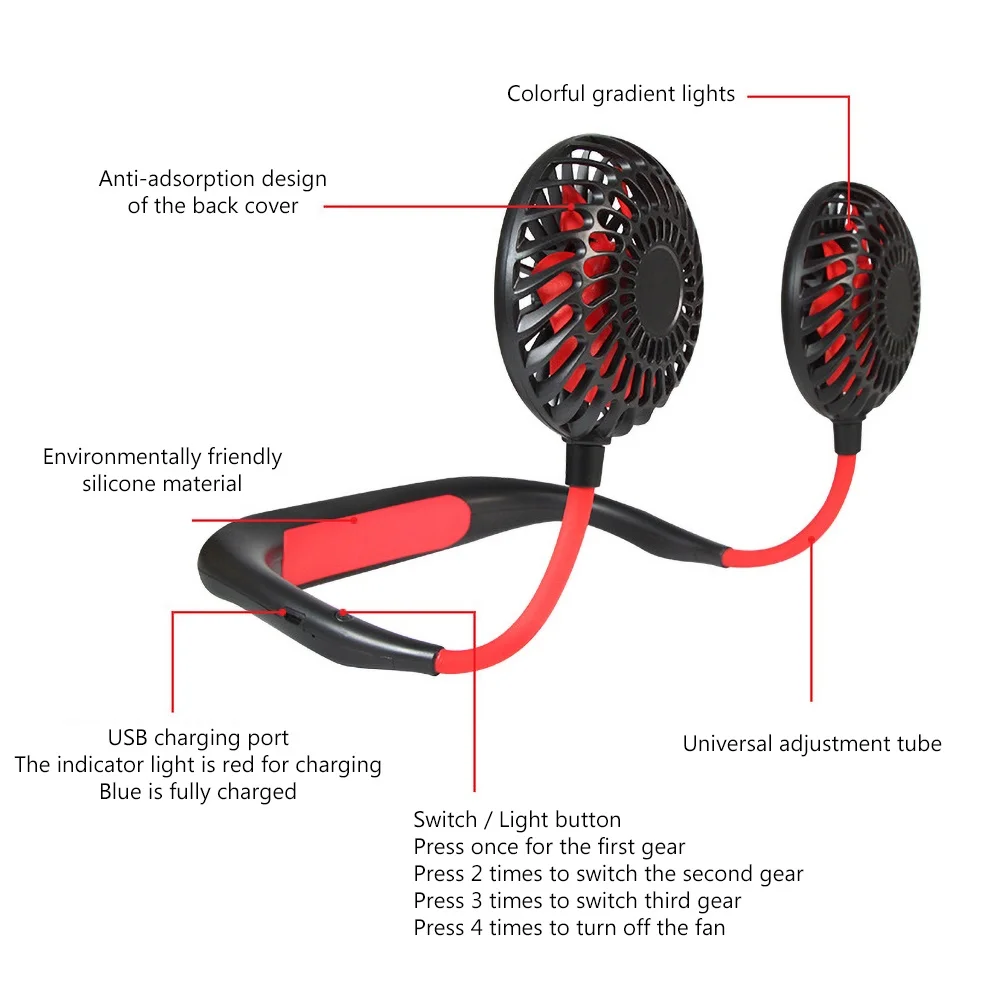 

Hands-free Neck Band Hands-Free Hanging USB Rechargeable Dual Fan Mini Portable LED Light Hanging Neck Neckband Dual Cooling Fan