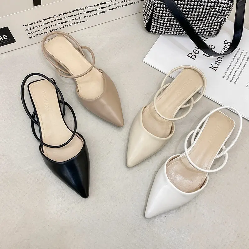 

Women Pointed Toe Flats Shoes 2021 Ladies Summer Mules Slippers Vintage Cloesed Toe Rubber Soles Beige Sandals Low Heels AA-32