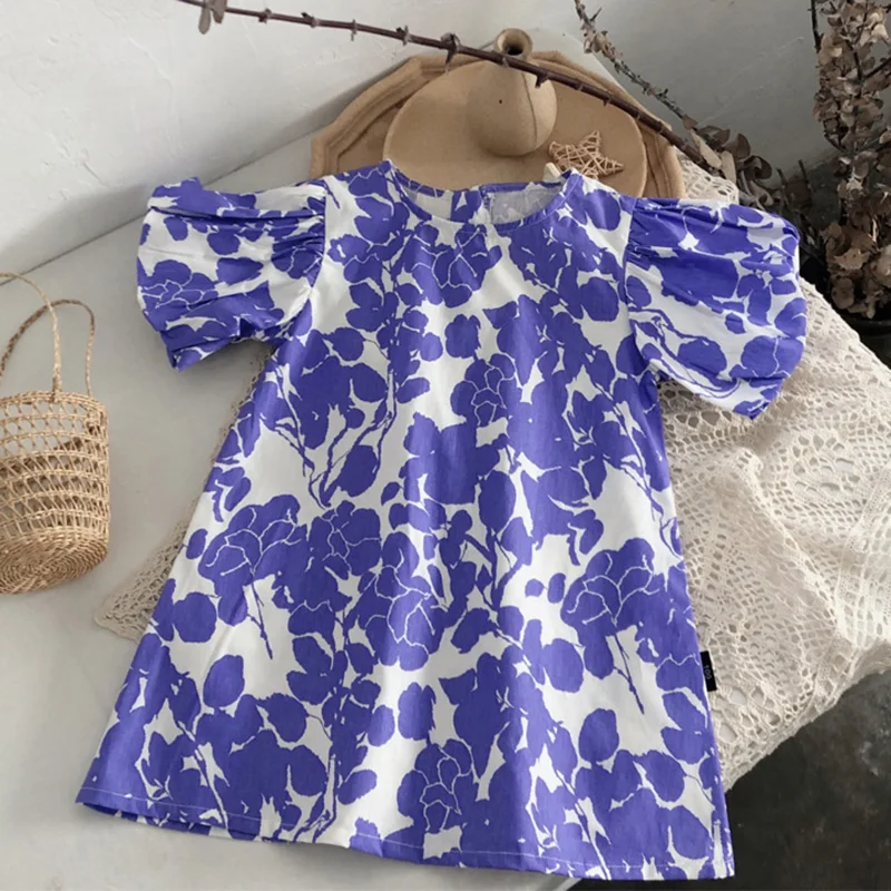 

Girls Floral Dress 2021 New Fashion Puff Sleeve Print Purple Princess Banquet Dress Toddler Children's Clothes Summer Dress