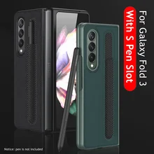 Leather Case With Pen Holder For Samsung Galaxy Z Fold 3 Phone Cover Carbon Fiber Texture Case For Z Fold3 With Pen Slot No Pen