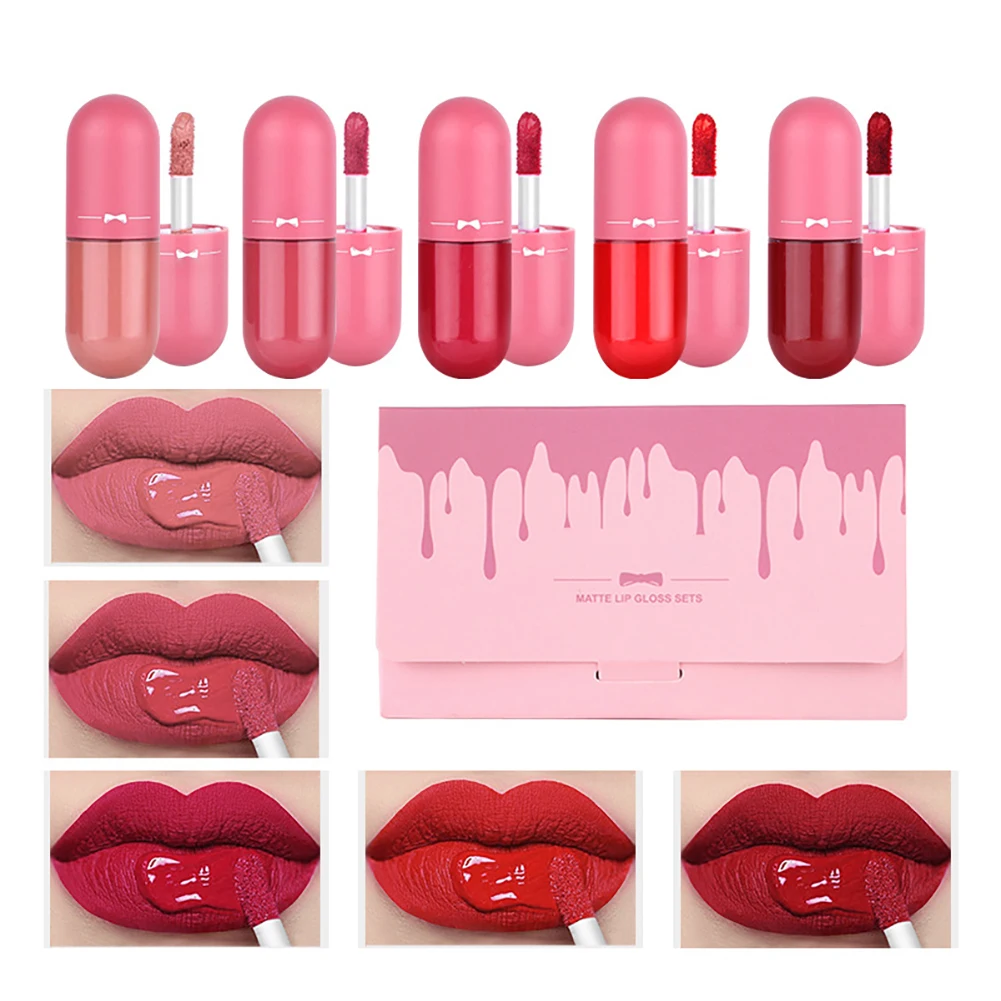 

5 pcs Mini Capsule Matte Liquid Lipstick Set Waterproof Lip Gloss Long Lasting Lip Tint Matte Lip Stick