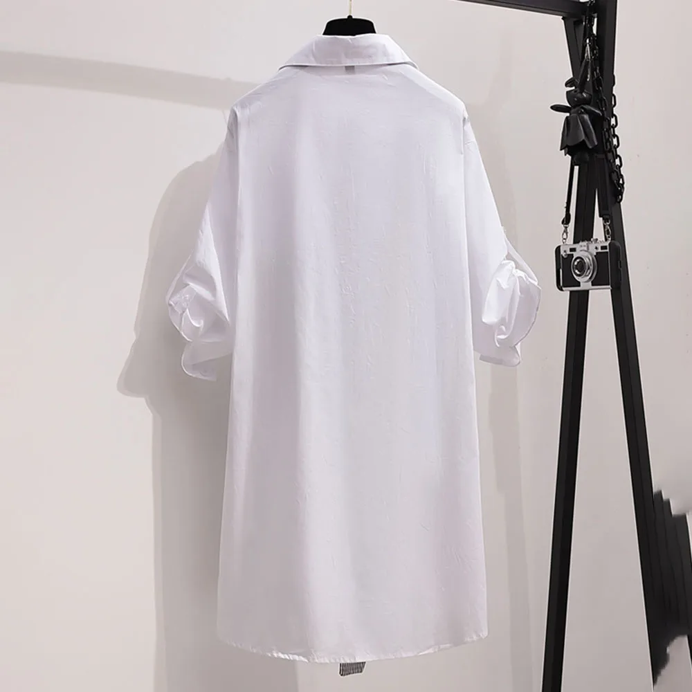 

Korea Women Shirt Dress Spring Autumn Plus Size POLO Neck Fake Two-piece Skirt Small Fragrant Style Shirt Dress