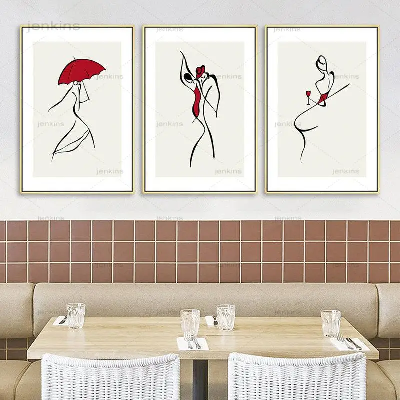 

Abstract Lady Line Drawing Picture Red Umbrella Dancing Girl Canvas Painting Minimalist Wall Art Poster for Modern Living Room
