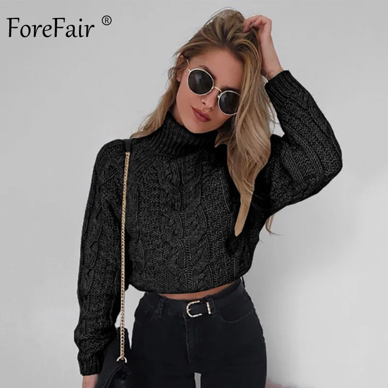 Forefair, водолазка, вязаный короткий свитер для женщин, зима, длинный рукав, короткий пуловер, осень, однотонный, тонкий, Повседневный, женский джемпер - Цвет: Black Sweater