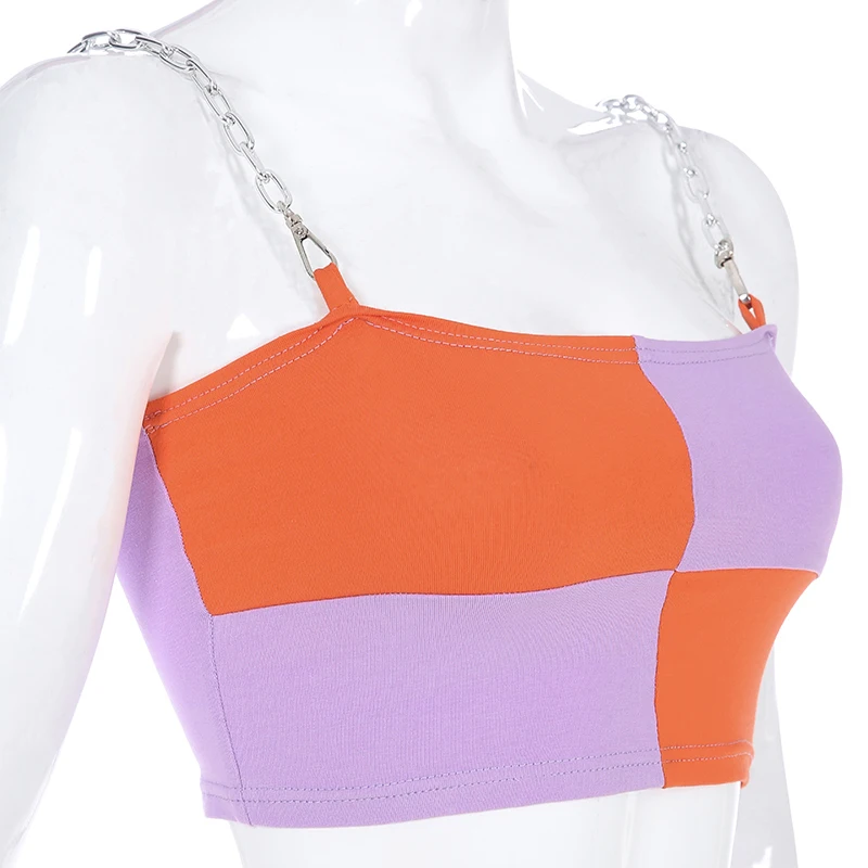 Новый сексуальный укороченный топ в стиле пэчворк оранжевого и фиолетового