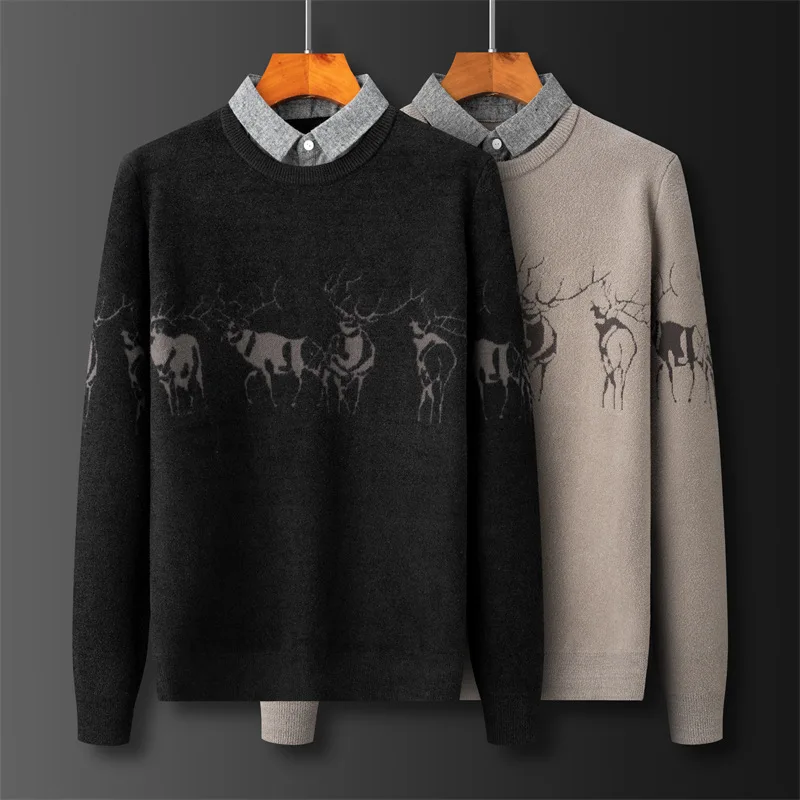

Men‘s Autumn And Winter Thickening Trend Handsome Knitted Bottoming Shirt Fake Two-piece Sweater