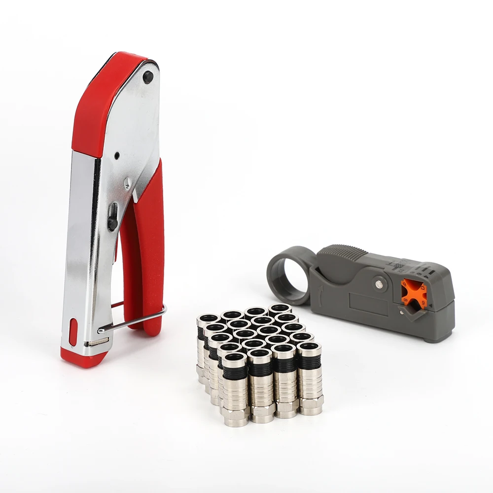 Coaxial Cable Stripper and Crimper 20pcs compression F connector coax Crimping Tool Set for RG6 coaxial cable
