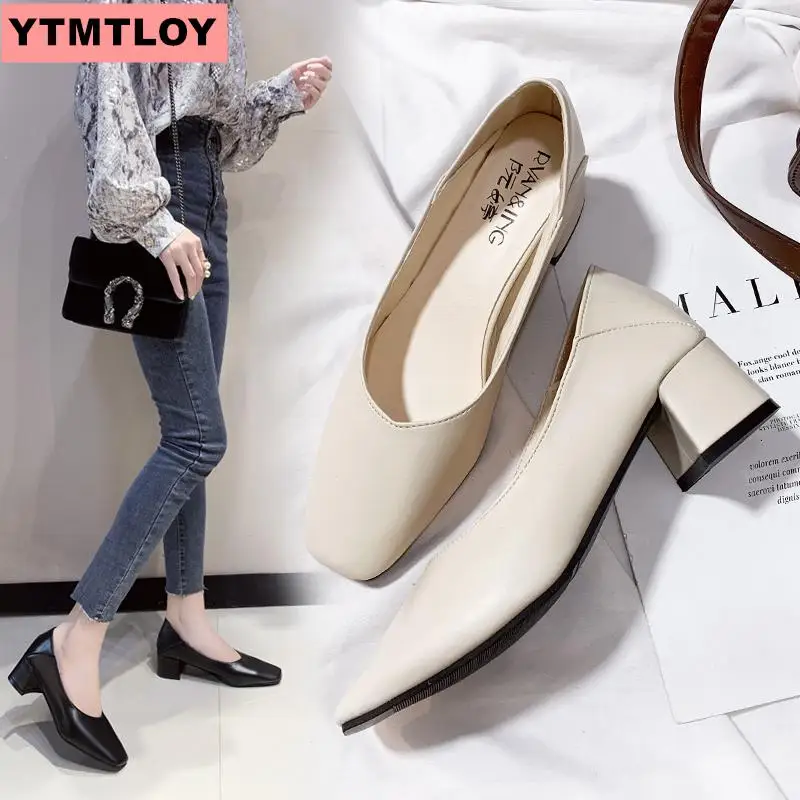Женская обувь с закрытым носком на толстом каблуке удобные женские туфли лодочки