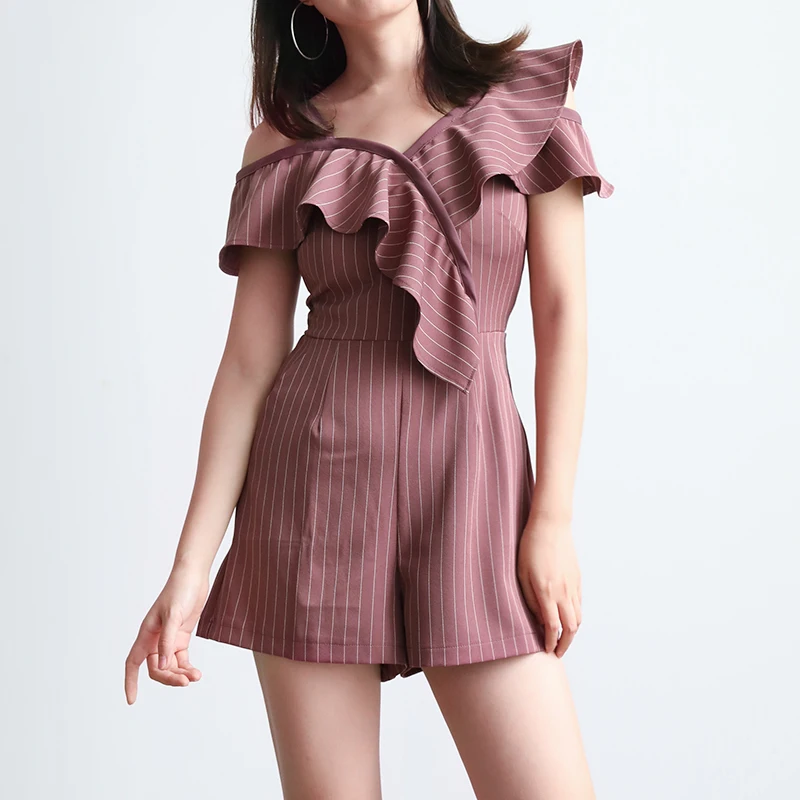 Женский цельный комбинезон с открытыми плечами неровный оборками бодикон