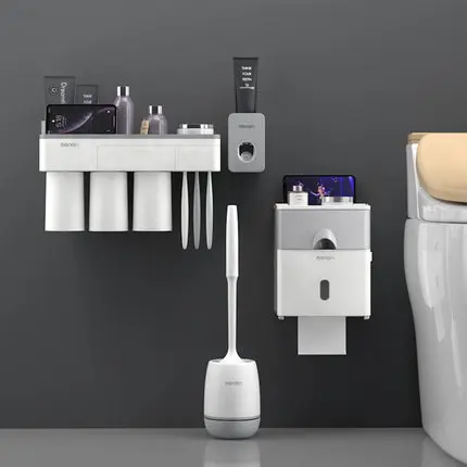 Grey 3 cup set Настенная подставка для зубных щеток, монтируемый автоматический диспенсер для зубной пасты, стеллаж для хранения мягкой туалетной щетки, коробка для салфеток, набор аксессуаров для ванной комнаты - Цвет: Grey 3 cup set