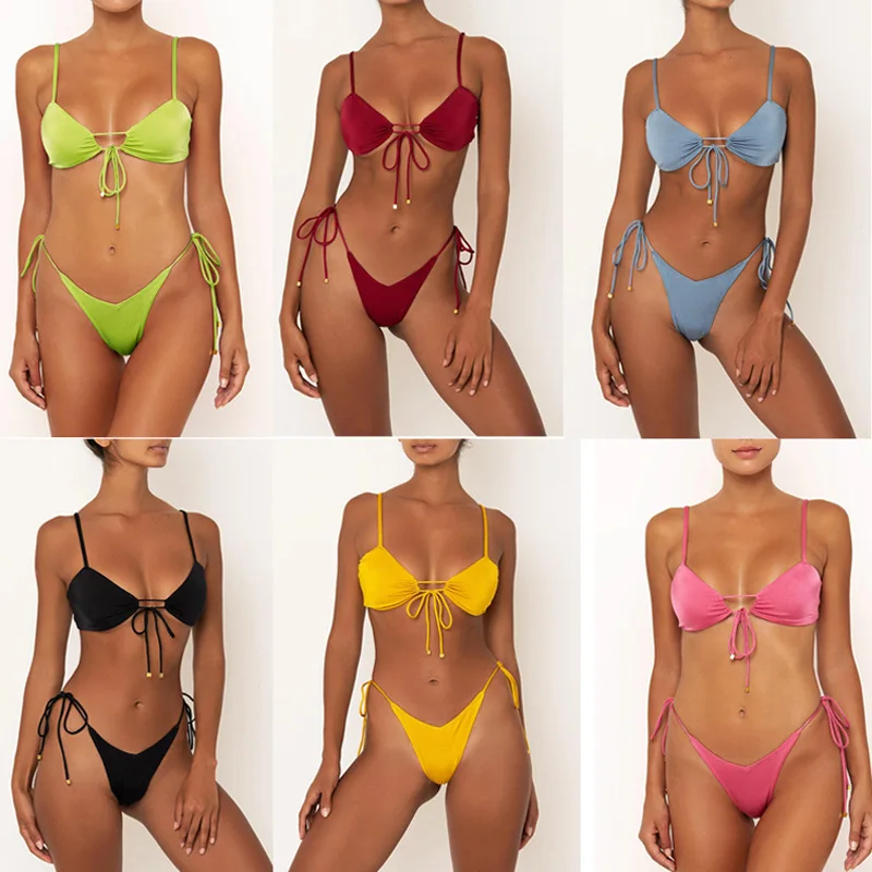 

Hirigin Sexy Thong Bikini Set Women Swimming Suit 2020 New Solid Padded Push Up Swimwear Bandage Bathing Suit Beach Biquini