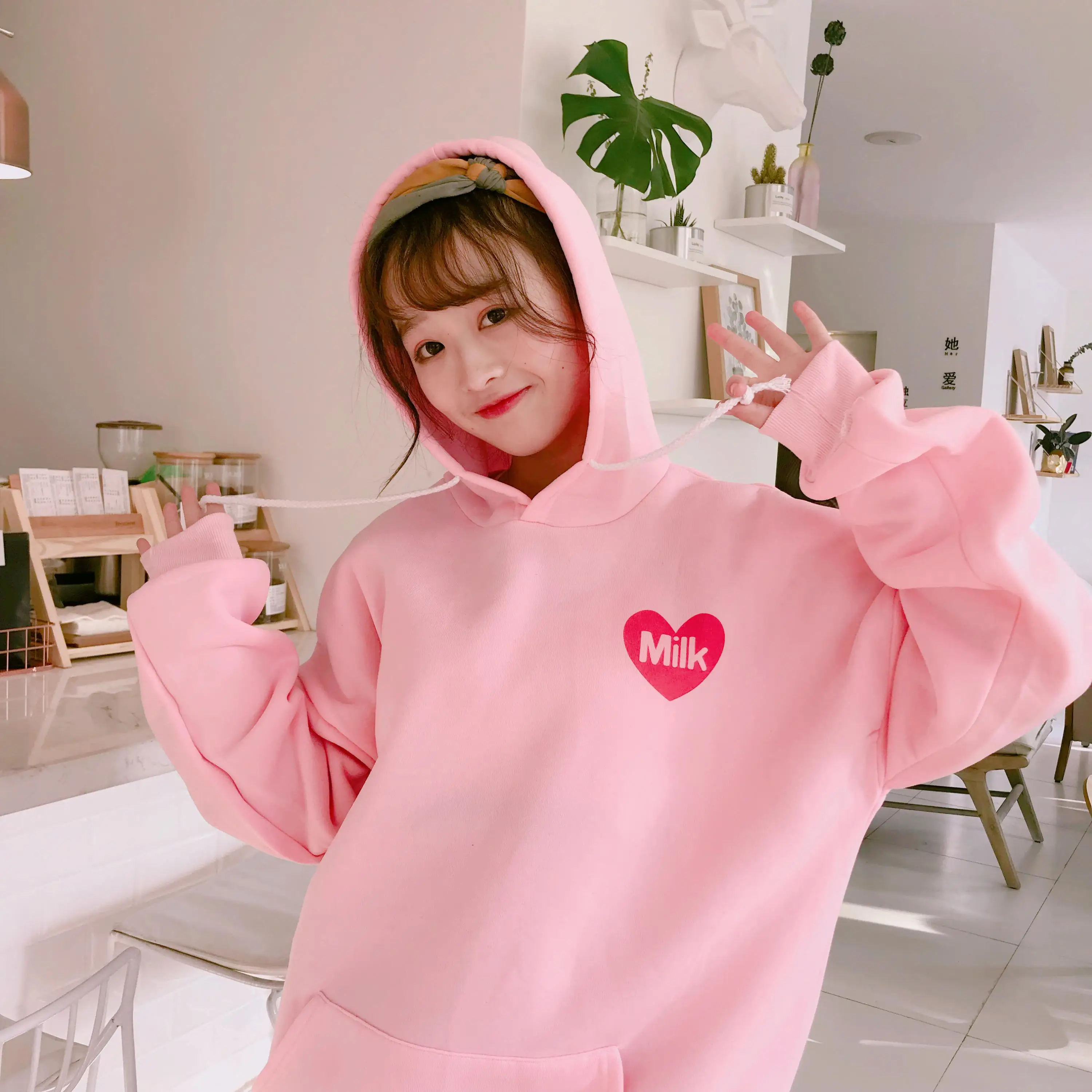 

Japanese Fashion Cute Cartoon Printed Back Thick Hooded Long Sleeve Female Sweatshirts Aesthetic Blackpink Skull Sweater Graphic
