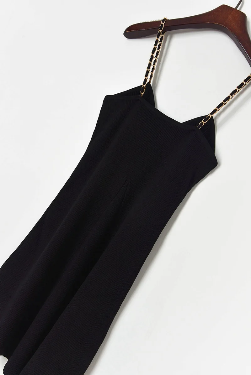 

Women Sweater Knit Dress Summer Chain Spaghetti Strap V-Neck A-Line Mini Solid Casual Party Club Robes Vestidos Korean Clothes