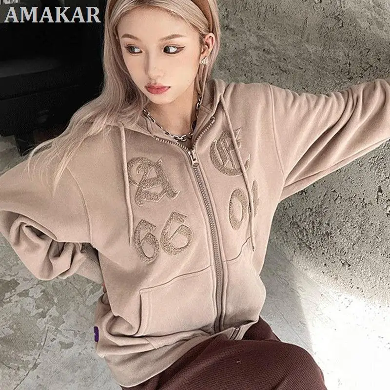 

American Retro Y2K Letter Embroidery Design Sense Niche Zipper Cardigan Hoodie Women Spring And Autumn Loose Brown Couple Hoodie