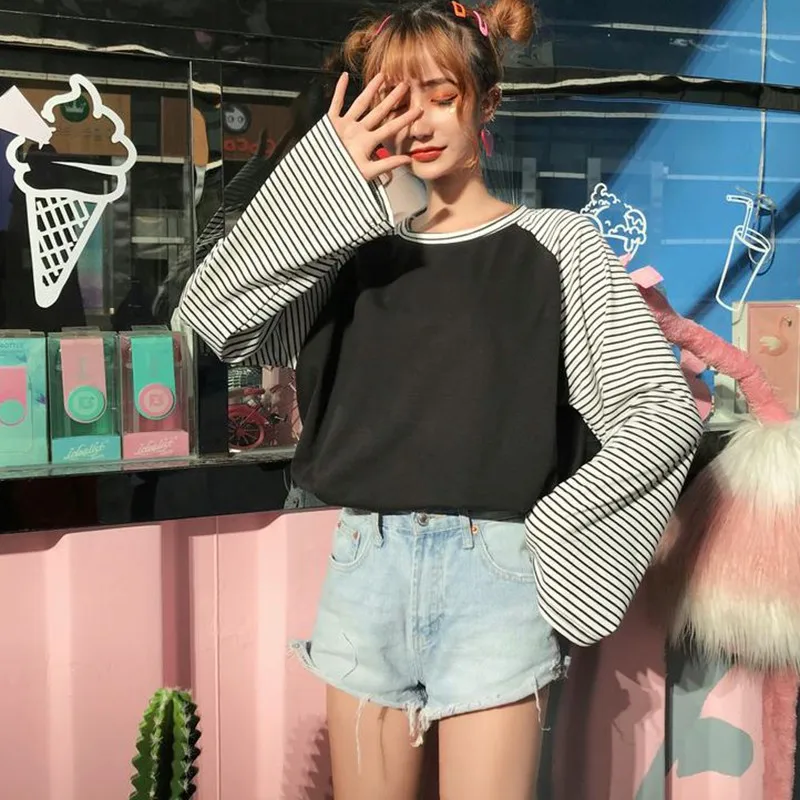 Harajuku Женская Футболка полосатая Повседневная футболка с длинным рукавом Свободная Женская весенне-осенняя джемпер