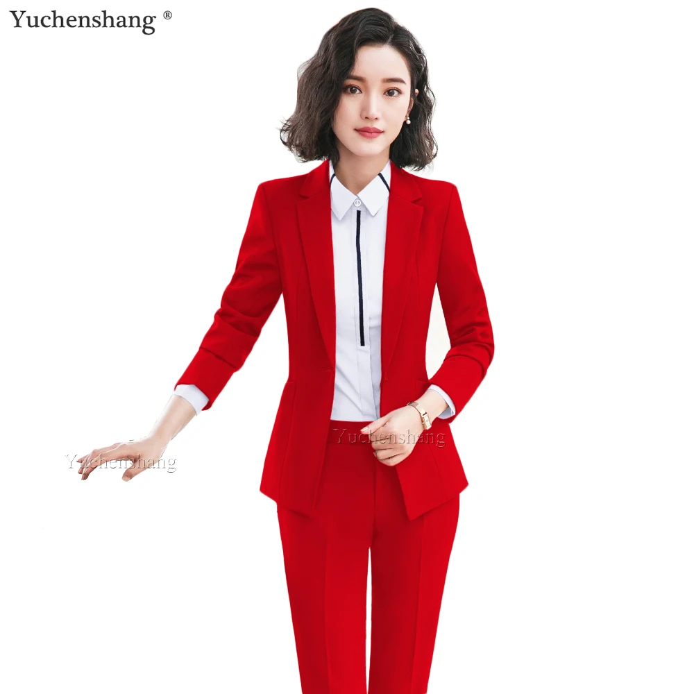 Red Black Blue Women Formal Blazer and Pant Suit With Slanted Pockets Single Button Jackets Two Pieces Set For Office Ladies