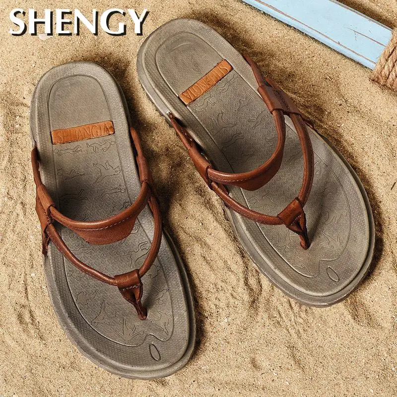 2020 мужские шлепанцы Летние модные кожаные Вьетнамки Пляжные повседневные