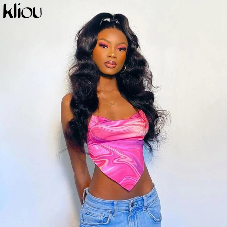 

Kliou bandage halter hot sexy crop halterneck top 2021 summer sexy women art print sleeveless fashion slim tight party club outf